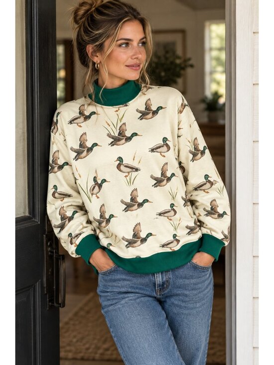 Tops - Mallard Duck Southern Contrasting Mock Neck County Western Pullover Sweatshirt